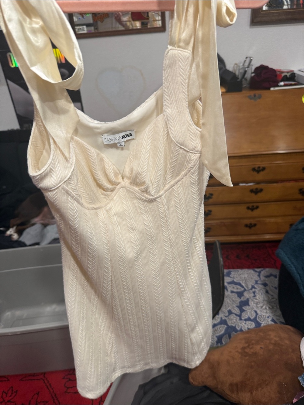 Fashion Nova Ivory Textured Tie-Shoulder Tank